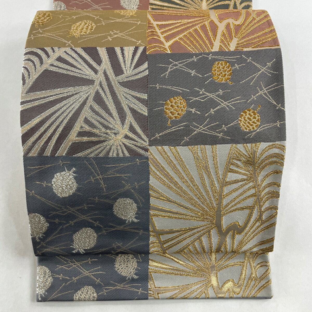 50％OFF 袋帯 逸品 落款あり 祥園 松笠 松葉 金銀糸 箔 青灰色 六通 正絹 【中古】 msp50のサムネイル