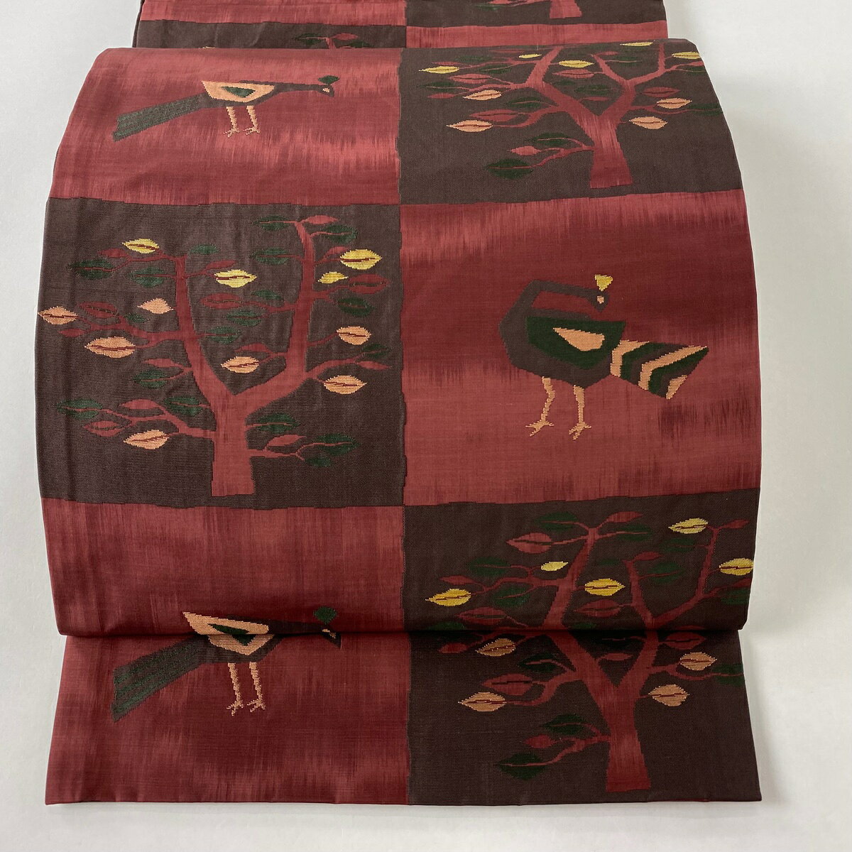 50％OFF 袋帯 美品 逸品 落款あり 木屋太 鳥 樹木 えんじ色 六通 正絹 【中古】 msp50のサムネイル