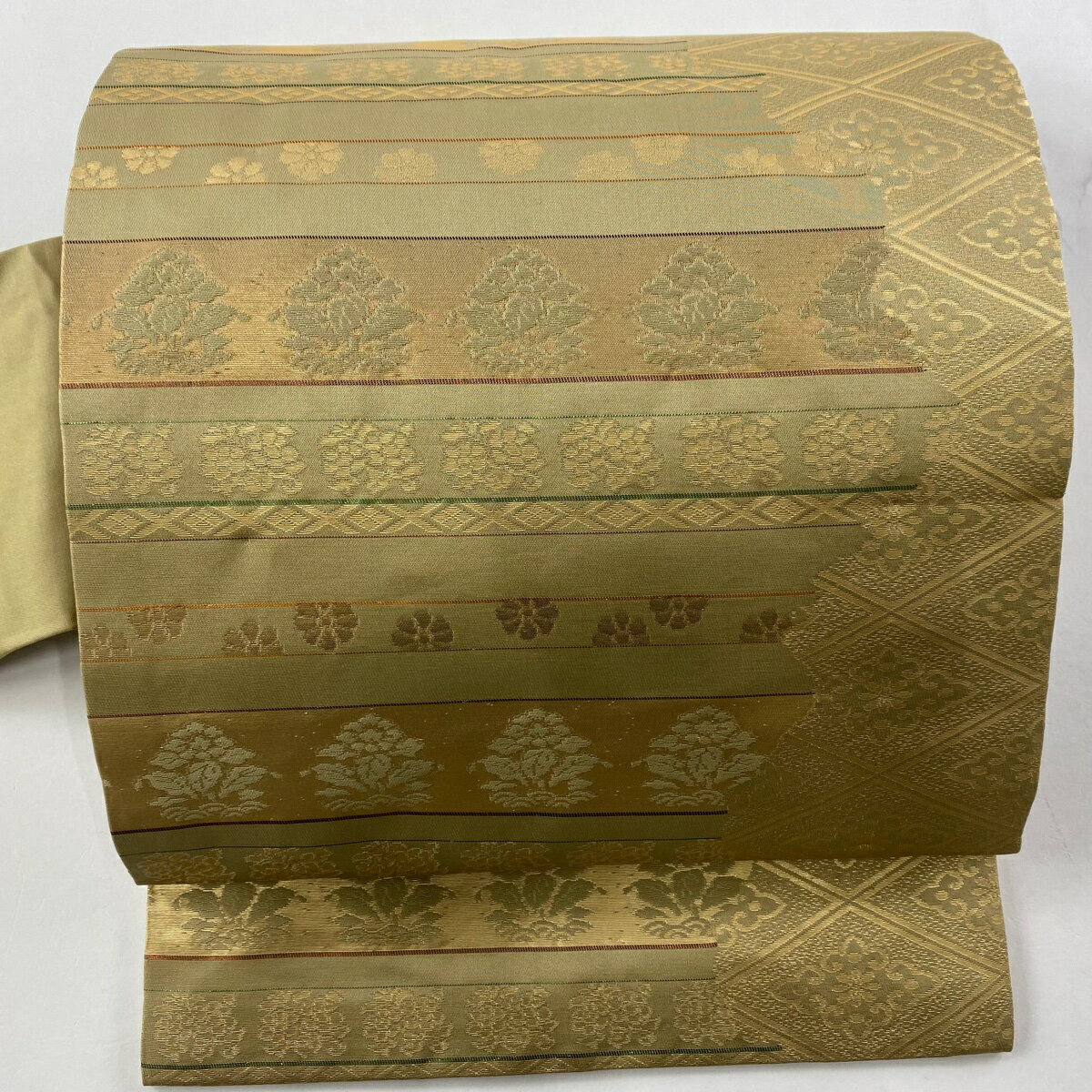 70％OFF 名古屋帯 秀品 草花 縞 箔 薄緑 正絹 【中古】 msp70