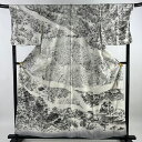 50％OFF 訪問着 身丈159cm 裄丈70.5cm L 袷 山岡古都 加賀糸楊子 落款あり 松竹梅 家屋 灰白 正絹 逸品 【中古】 msp50