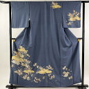 訪問着 身丈157.5cm 裄丈63cm S 袷 雲文 草花 金彩 青灰色 正絹 秀品 【中古】