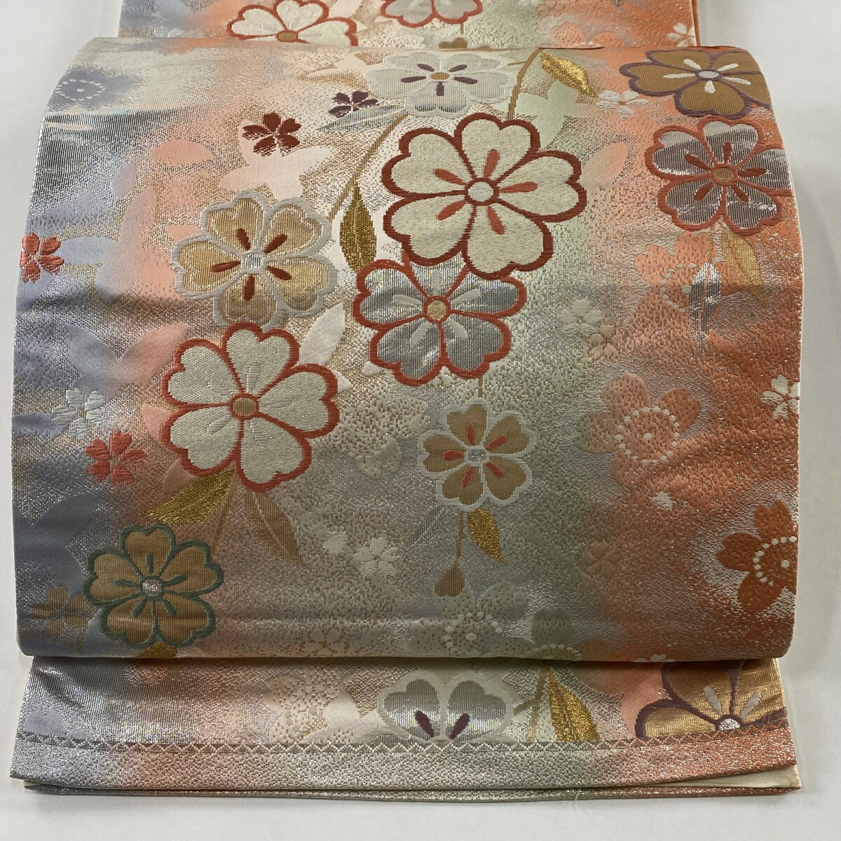 袋帯 秀品 桜 金糸 箔 サーモンピンク 六通 正絹 【中古】