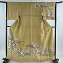 訪問着 身丈161cm 裄丈65.5cm M 袷 菊 波 金彩 ベージュ 正絹 秀品 【中古】