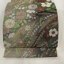 袋帯 美品 秀品 草花 灰茶 六通 正絹 【中古】