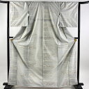 50％OFF 紬 身丈164.5cm 裄丈64cm M 袷 草花 縞 灰白 正絹 名品 【中古】 msp50