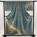 50％OFF 訪問着 身丈155.5cm 裄丈62.5cm S 袷 御所車 草花 金彩 ぼかし 青灰色 正絹 秀品 【中古】 msp50 1