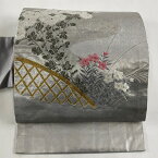 名古屋帯 優品 草花 間垣 箔 金銀糸 灰色 正絹 【中古】