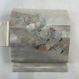 名古屋帯 優品 鶴 草花 箔 金銀糸 クリーム 正絹 【中古】