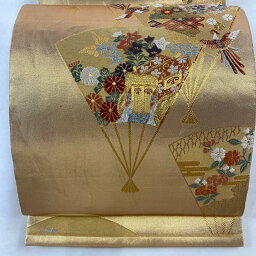 袋帯 美品 秀品 扇 草花 金糸 箔 金色 六通 正絹 【中古】