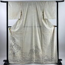 付下げ 身丈163.5cm 裄丈62cm S 単衣 柳 流水 ベージュ 正絹 秀品 【中古】