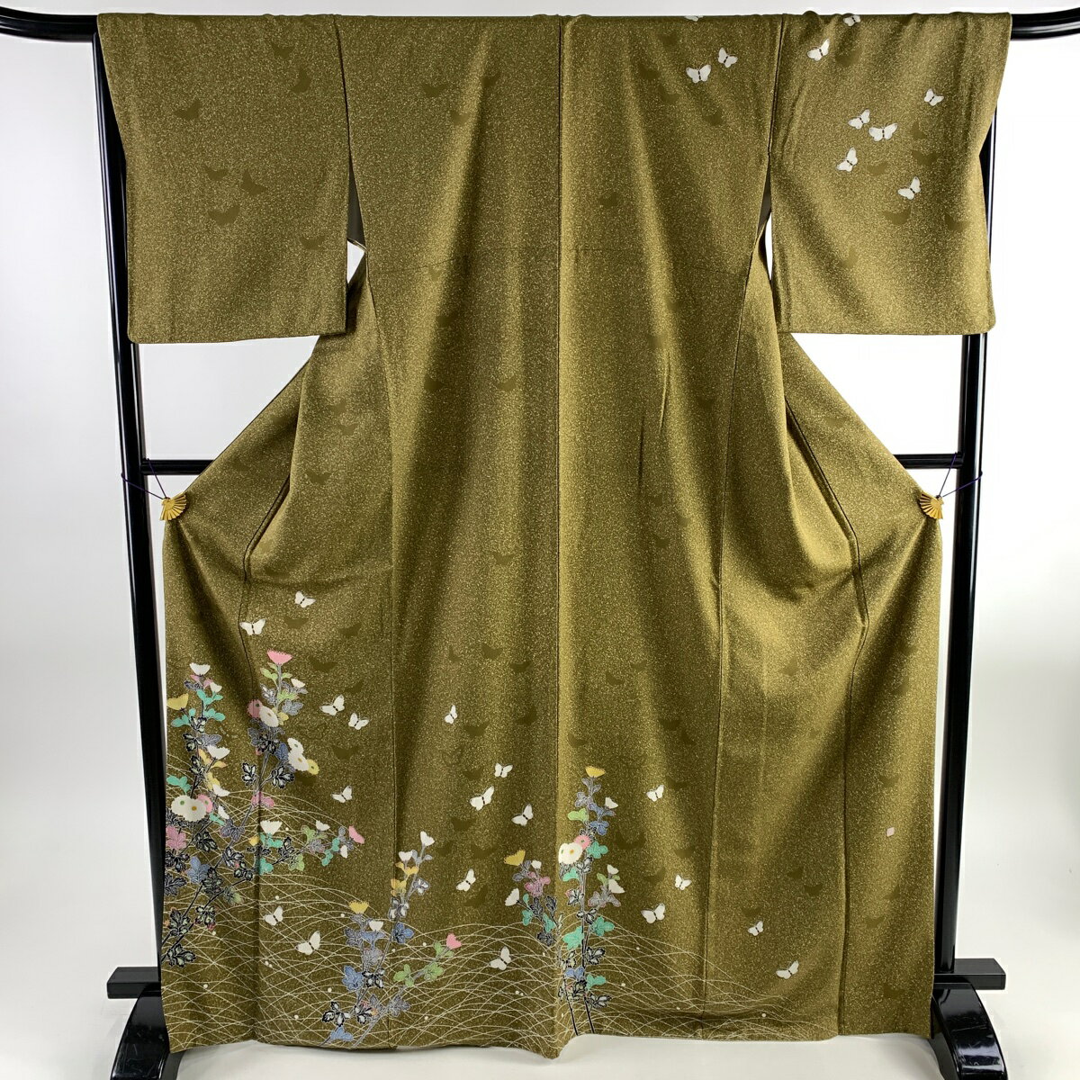 訪問着 身丈171cm 裄丈67cm M 袷 TOKIO et TOKI 落款あり 菊 蝶 茶緑色 正絹 美品 逸品 【中古】