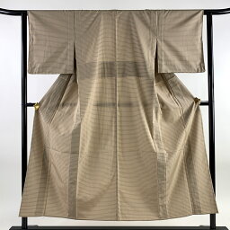 お召 身丈151cm 裄丈62.5cm S 単衣 鈴乃屋 格子 灰茶 正絹 美品 逸品 【中古】