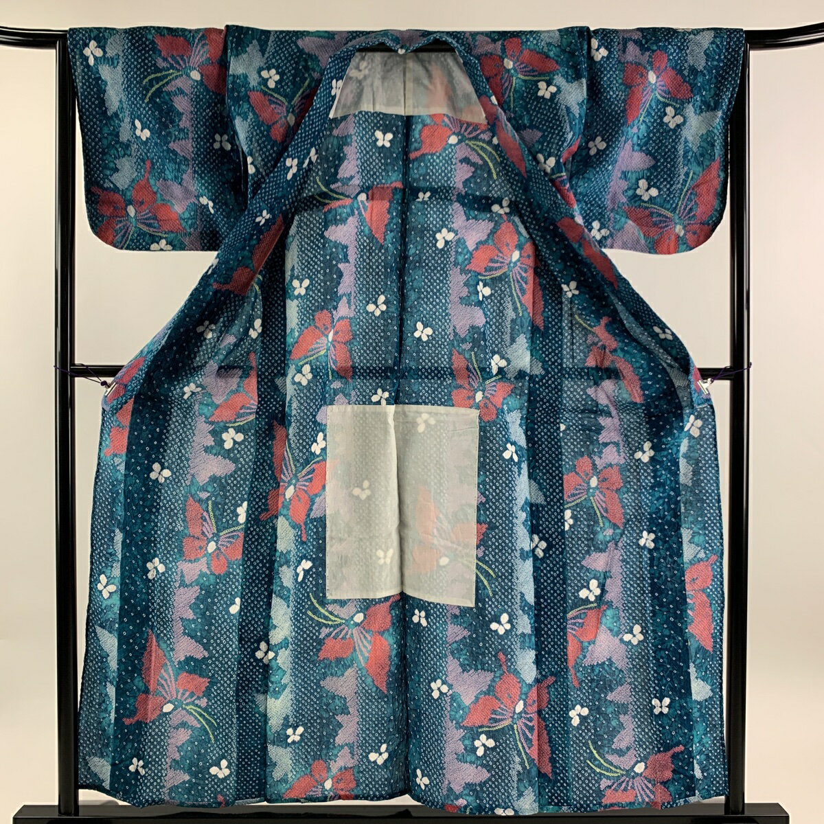 浴衣 身丈155cm 裄丈64.5cm M 絞り浴衣 蝶 幾何学 青緑 綿 美品 名品 【中古】 3