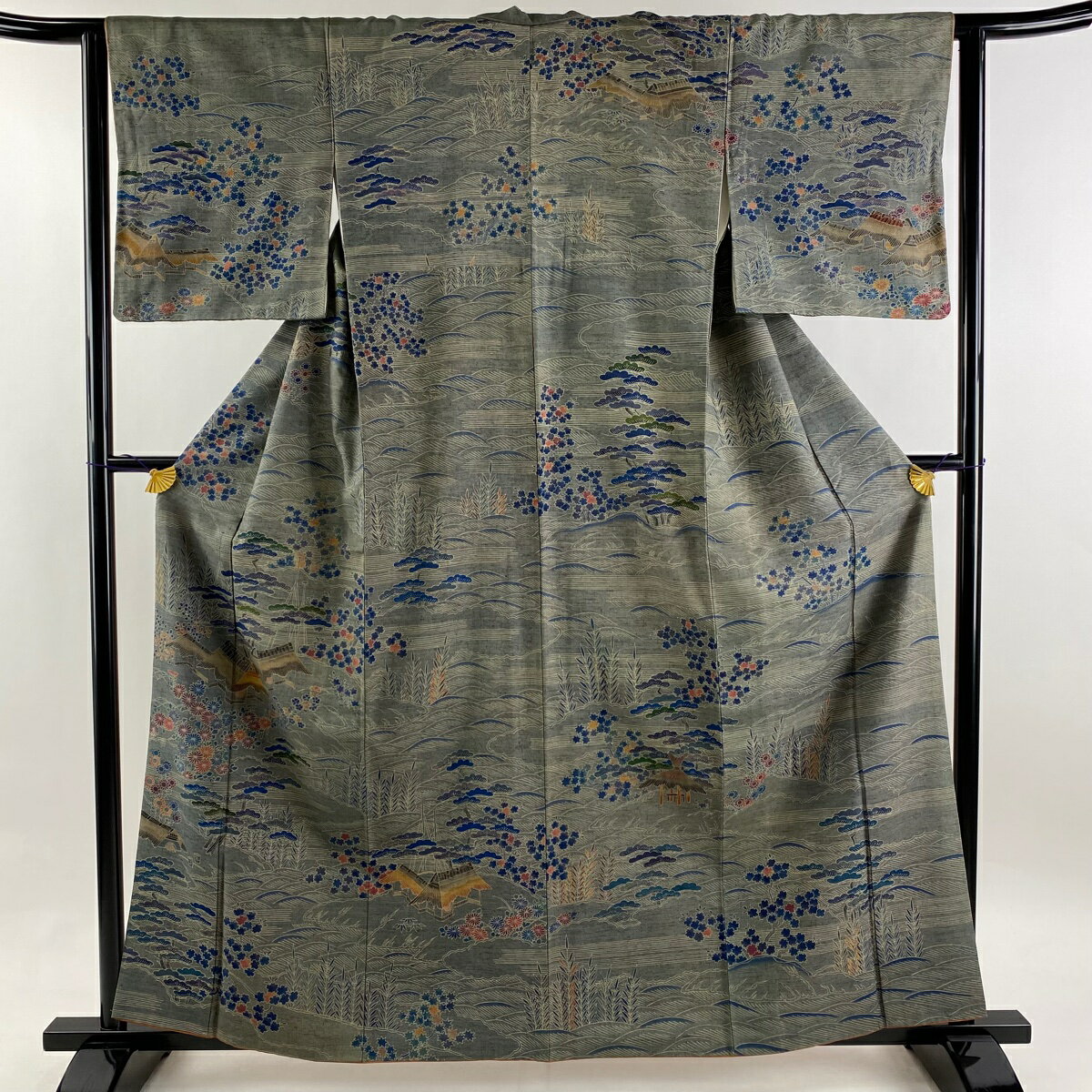 訪問着 身丈160.5cm 裄丈62cm M 袷 家屋 松 紬地 灰色 正絹 秀品 1