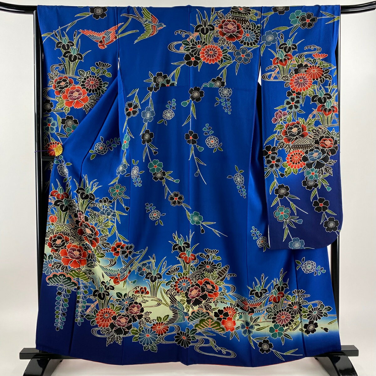 振袖 身丈161.5cm 裄丈66.5cm M 袷 草花 鳥 ぼかし 青 正絹 美品 名品 【中古】