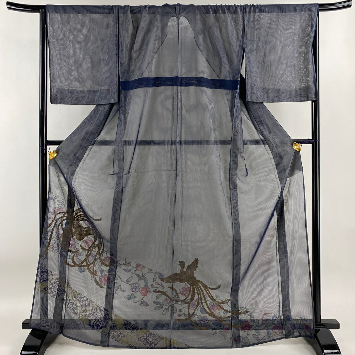 色留袖 身丈168.5cm 裄丈69.5cm L 紗袷 鳳凰 草花 金彩 紺色 正絹 名品 【中古】のサムネイル