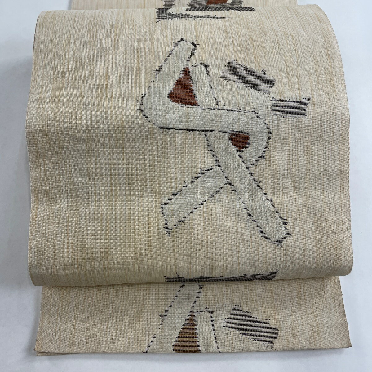 名古屋帯 優品 夏帯 八寸名古屋帯 幾何学 ベージュ 正絹 【中古】