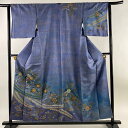 訪問着 身丈154.5cm 裄丈63cm S 袷 草花 露芝 金通し 刺繍 青紫 正絹 逸品 【中古】