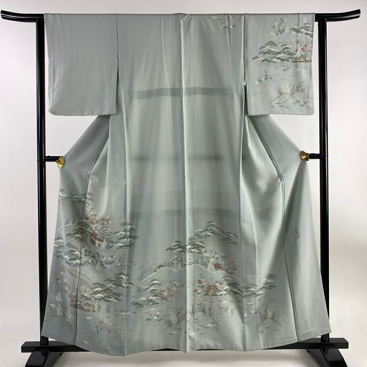 30％OFF 訪問着 身丈158.5cm 裄丈62.5cm S 袷 上野為ニ 落款あり 風景 松竹梅 金糸 灰緑 正絹 逸品 一つ紋 【中古】 msp30