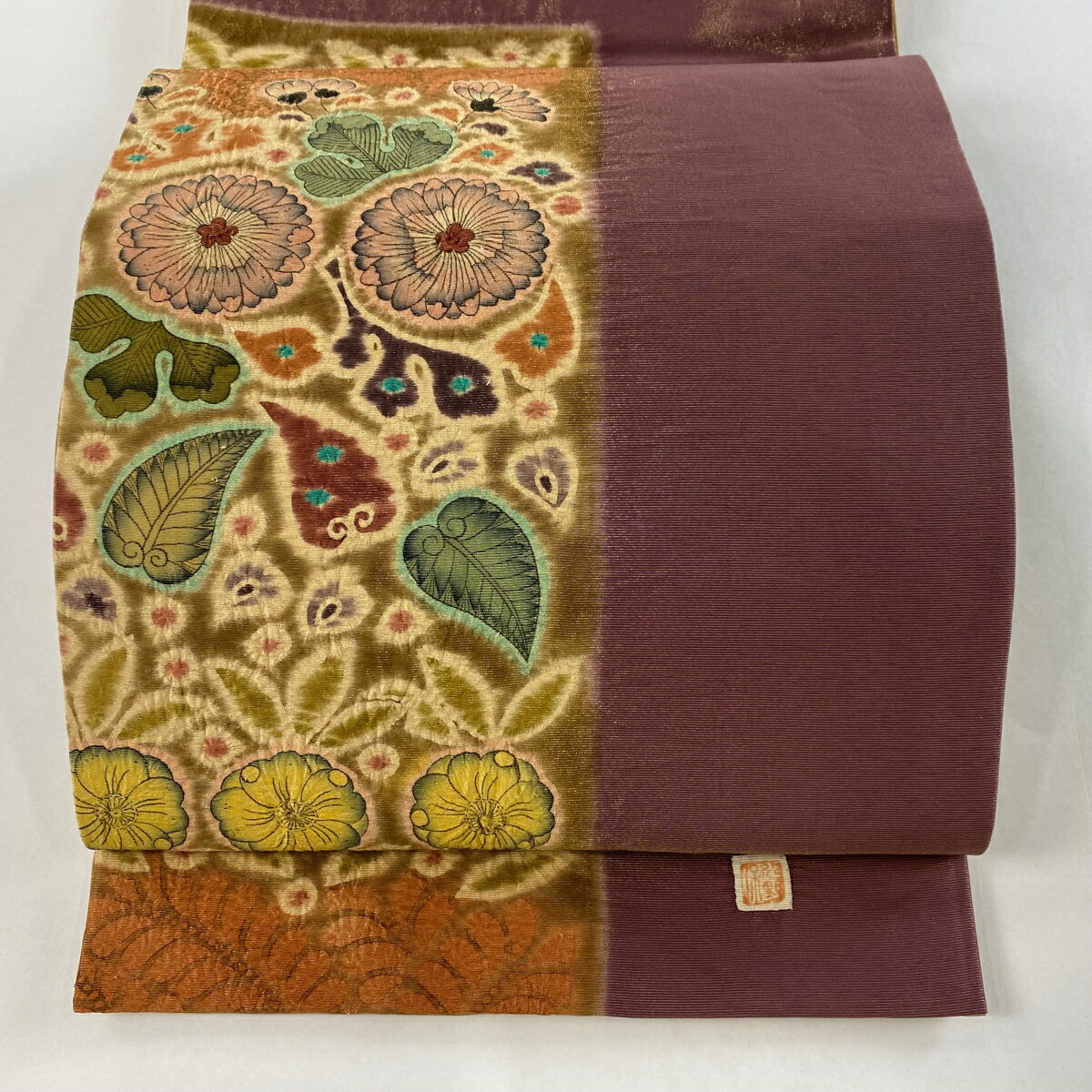 袋帯 美品 逸品 落款あり 水野保 辻が花 金糸 小豆色 お太鼓柄 正絹 【中古】のサムネイル