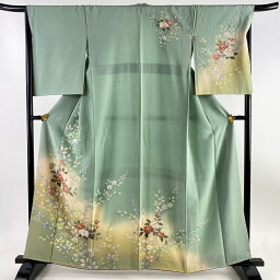 訪問着 身丈160.5cm 裄丈67.5cm L 袷 椿 草花 ぼかし 絞り 薄緑 正絹 秀品 【中古】