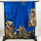 振袖 身丈169.5cm 裄丈69cm L 袷 やまと 花車 間垣 金彩 青 正絹 秀品 【中古】