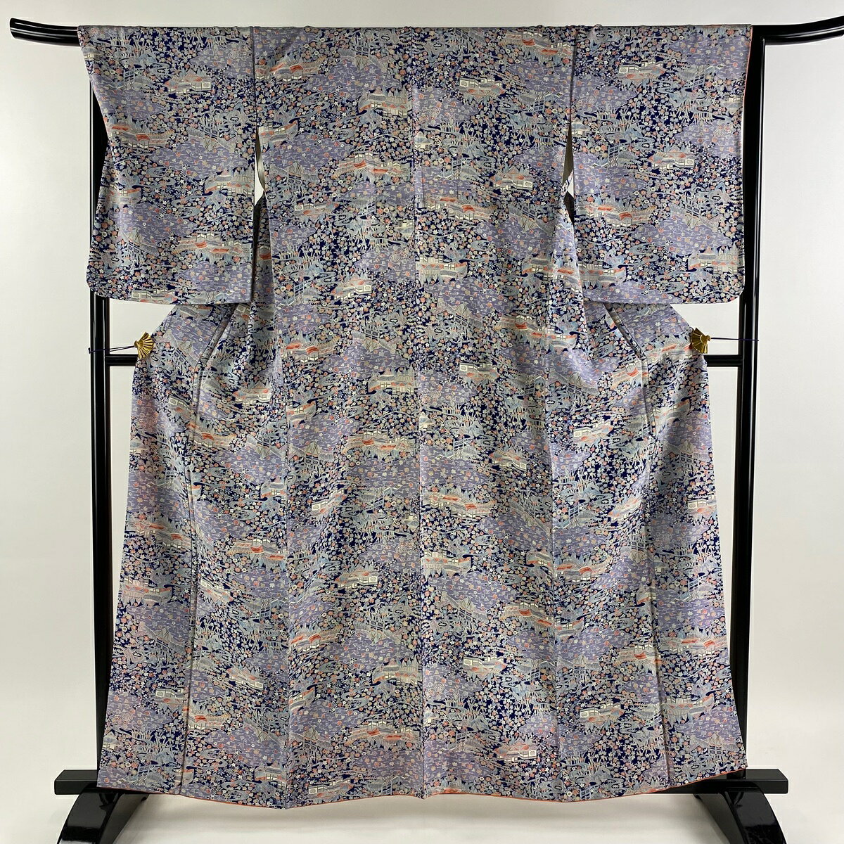 小紋 身丈160cm 裄丈67.5cm L 袷 松竹梅 建物 紺色 正絹 美品 優品 【中古】