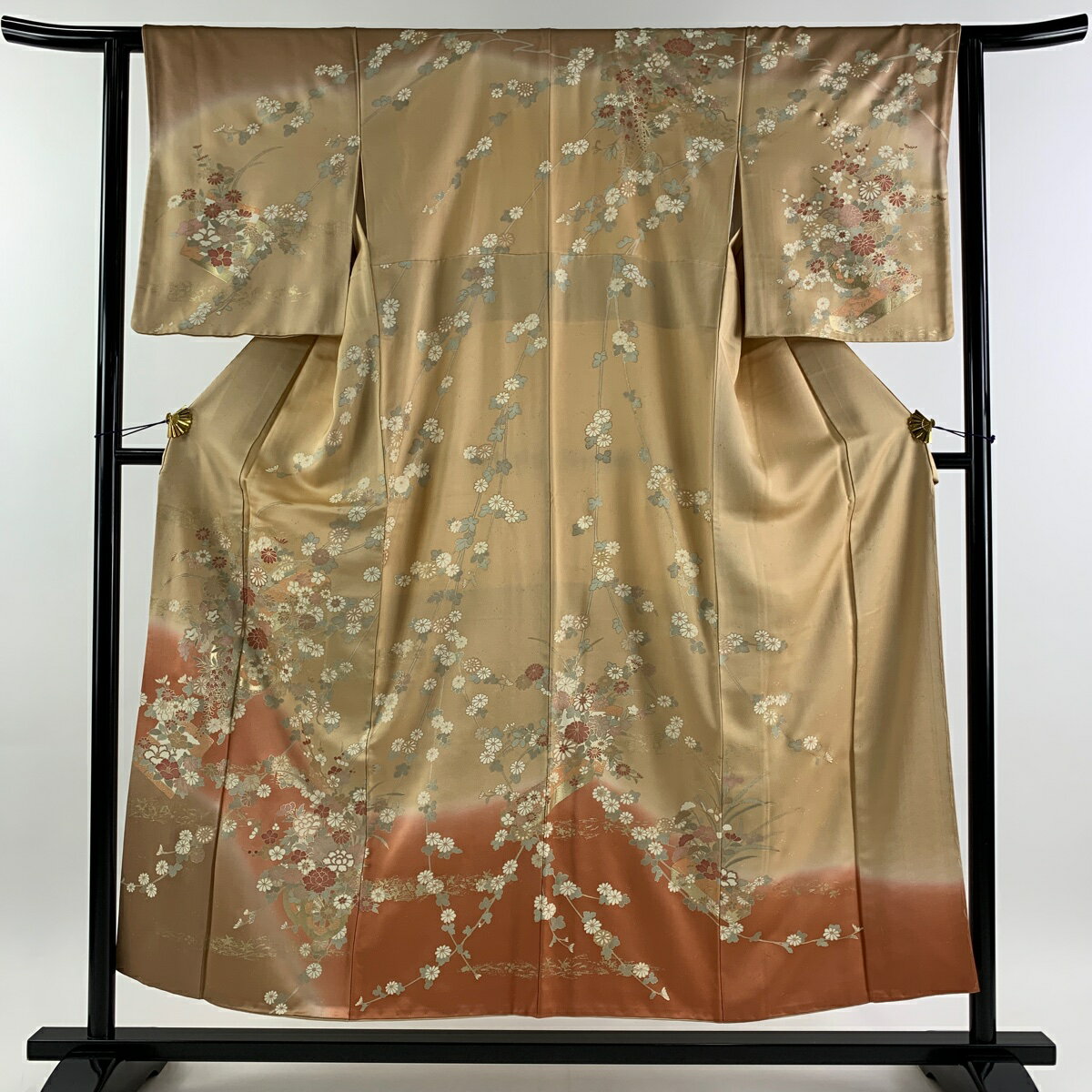 訪問着 身丈153.5cm 裄丈62cm S 袷 花車 文箱 金彩 染め分け 薄茶色 正絹 秀品 