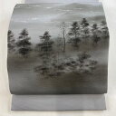 開き名古屋帯 美品 優品 落款あり 樹木 山並み 灰色 正絹 