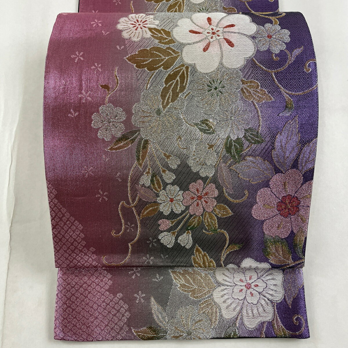 袋帯 美品 秀品 桜 花唐草 金糸 箔 ピンク 六通 正絹 