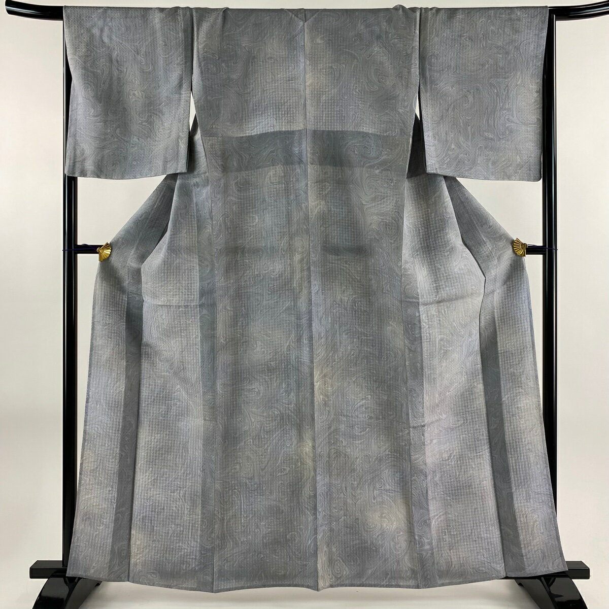 小紋 身丈160.5cm 裄丈67cm M 単衣 やまと 墨流し 地紋 灰色 正絹 美品 名品 【中古】のサムネイル