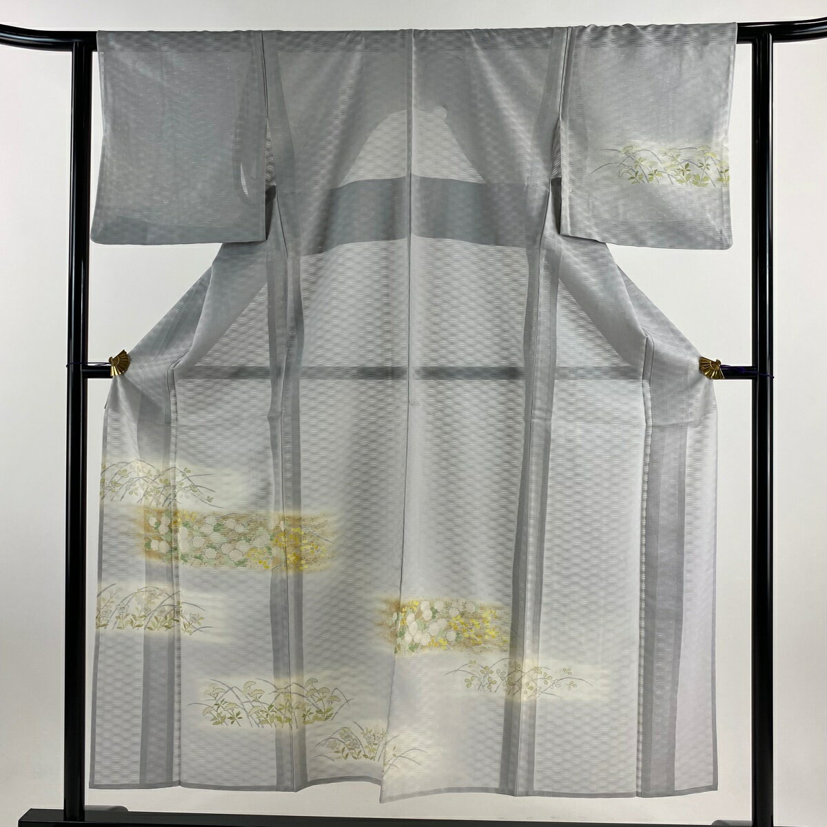 訪問着 身丈153cm 裄丈61cm S 薄物 菊 秋草 金銀彩 ぼかし 灰色 正絹 名品 【中古】