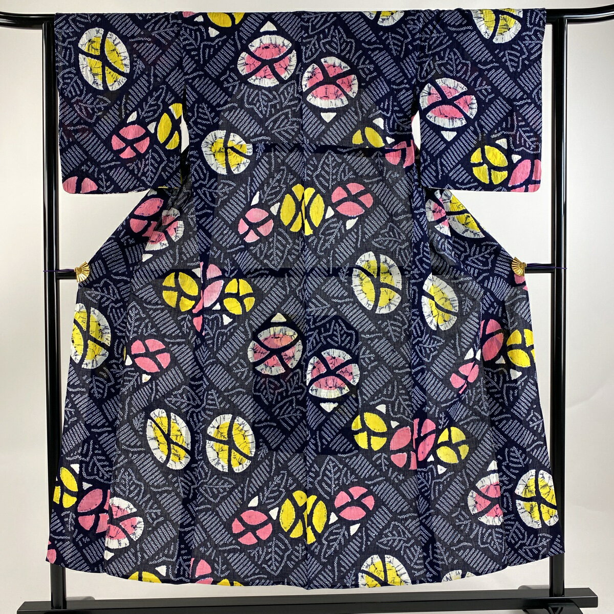 浴衣 身丈151cm 裄丈62.5cm S 絞り浴衣 朝顔 紺色 綿 名品 【中古】