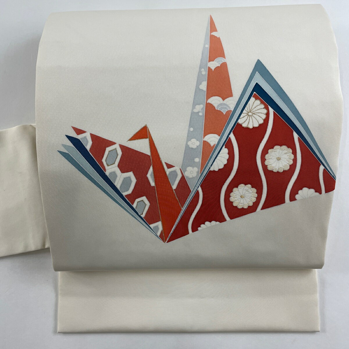 名古屋帯 優品 折り鶴 菊 金糸 クリーム 正絹 【中古】 msp70のサムネイル