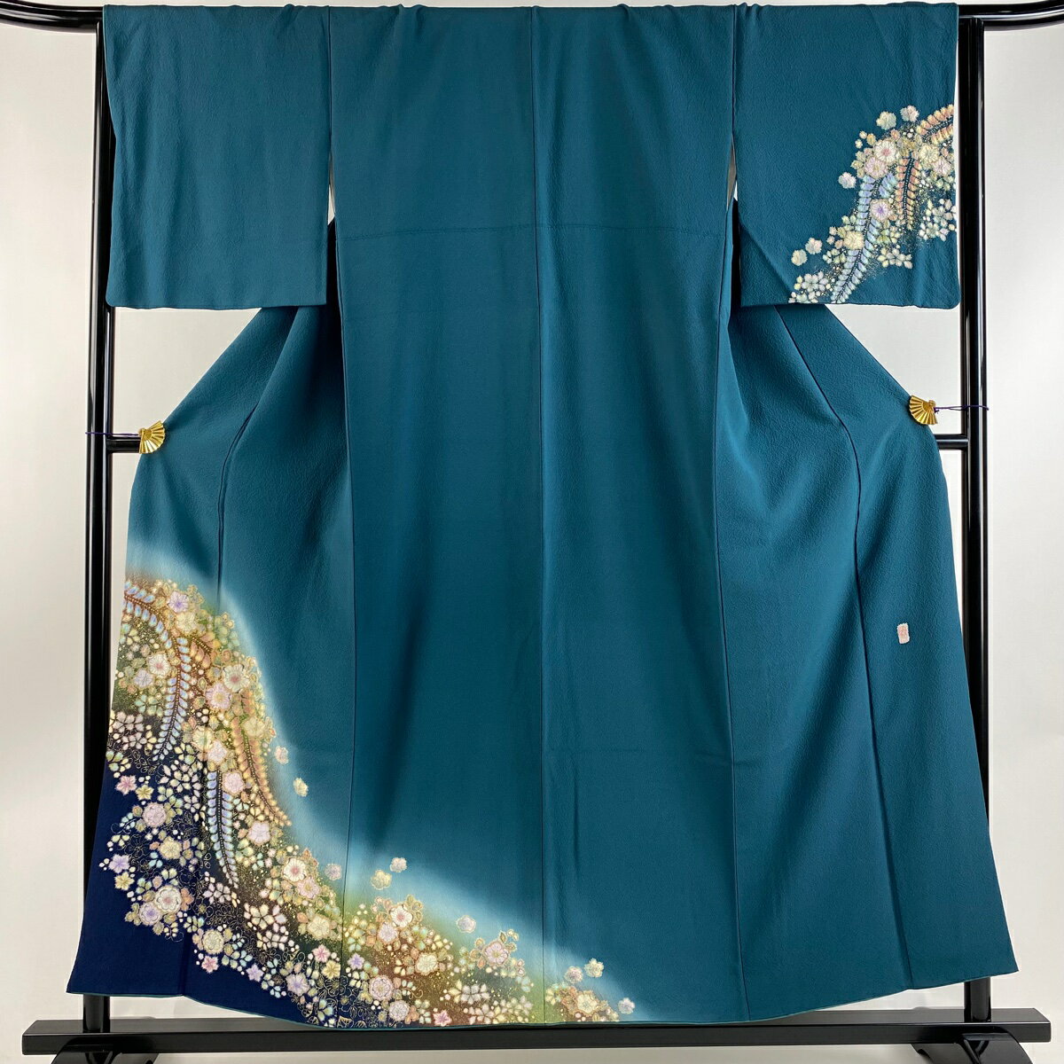 付下げ 身丈155cm 裄丈65cm M 袷 翠山工房 やまと 落款あり 辻ヶ花 金彩 ぼかし 青緑 正絹 美品 名品 【中古】