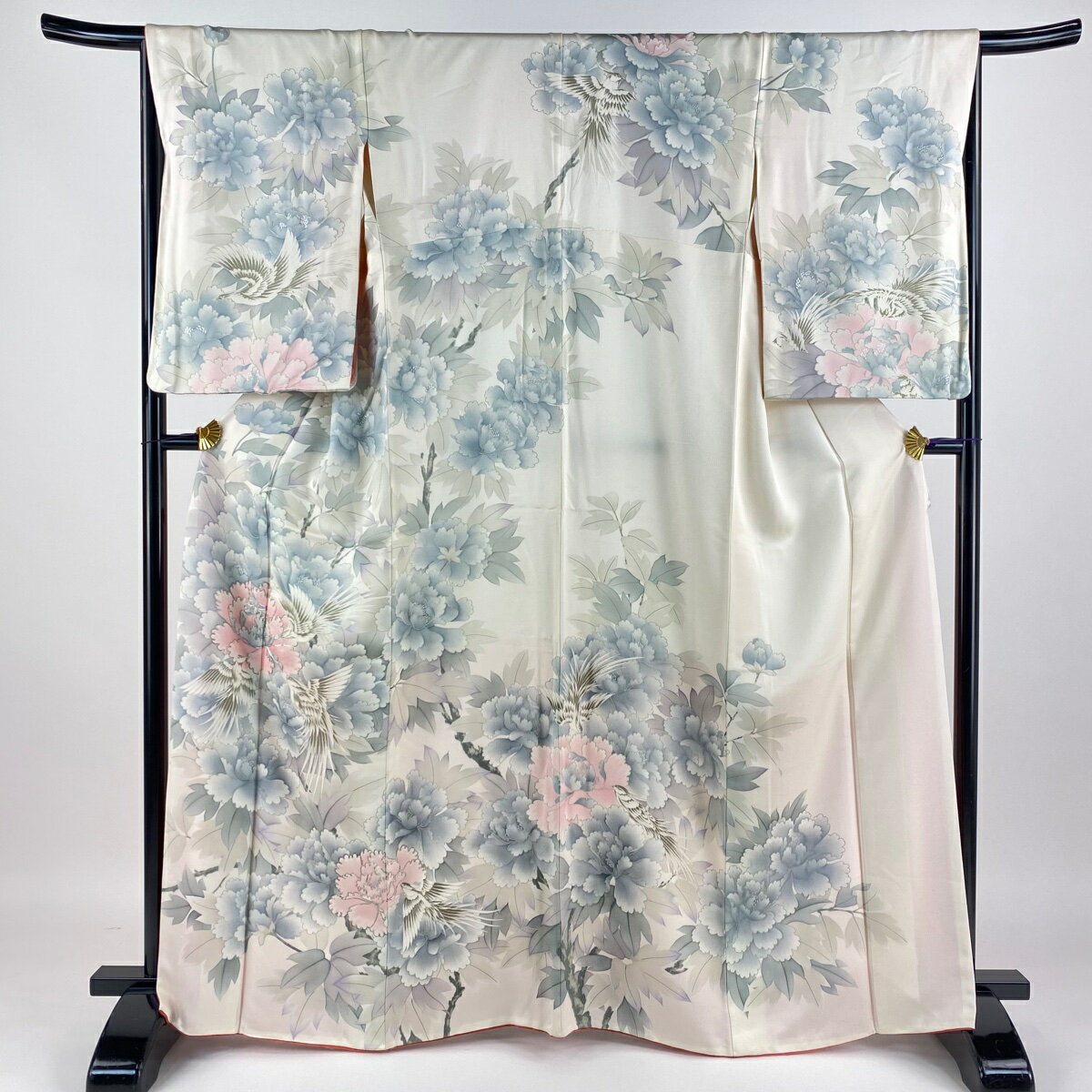 訪問着 身丈165cm 裄丈65cm M 袷 鳥 牡丹 銀糸 銀彩 灰白 正絹 秀品 【中古】