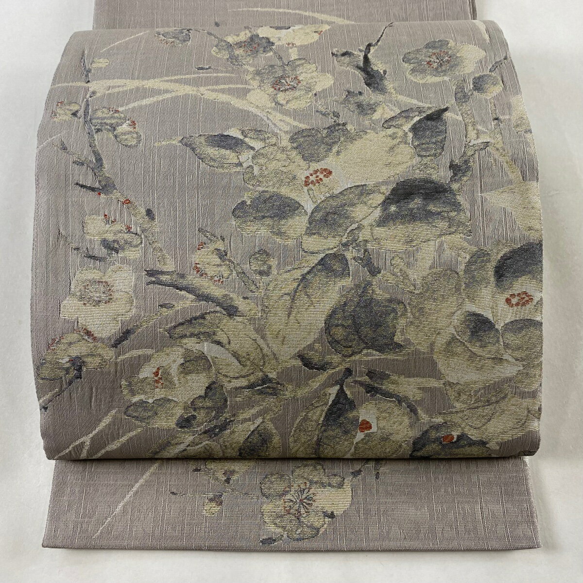 袋帯 美品 名品 落款あり 夏帯 椿 枝梅 灰紫 お太鼓柄 正絹 【中古】 msp70のサムネイル