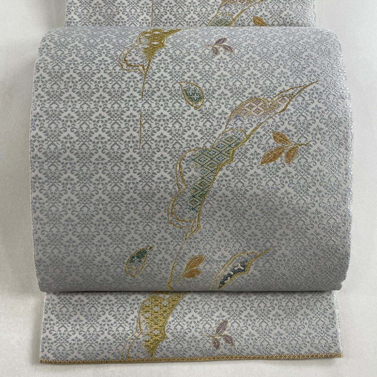 袋帯 名品 葉柄 有職文様 金糸 箔 青灰色 六通 正絹 【中古】 msp50