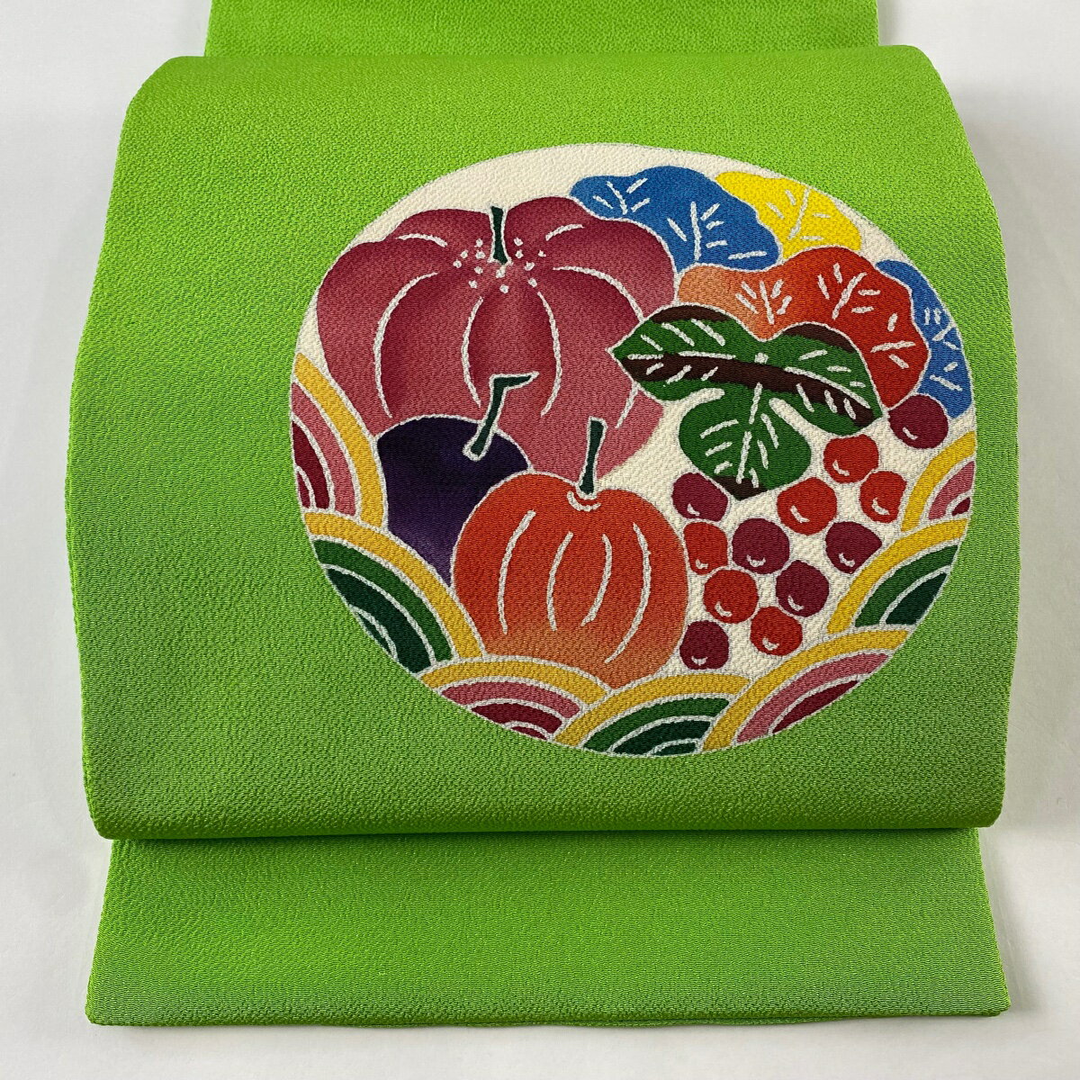 開き名古屋帯 逸品 果物 野菜 縮緬 ぼかし 黄緑色 正絹 【中古】 msp50のサムネイル