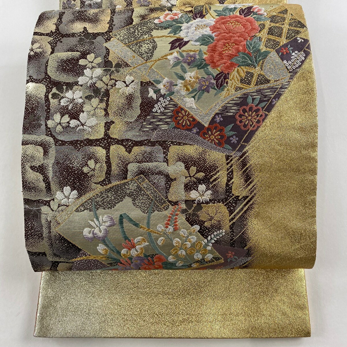 【在庫一掃】 袋帯 美品 秀品 冊子 草花 刺繍 金糸 焦茶色 六通 正絹 【中古】