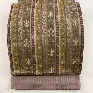 【在庫一掃】 袋帯 美品 名品 落款あり 証紙あり 岩井友見 縞 幾何学 灰紫 全通 正絹 【中古】