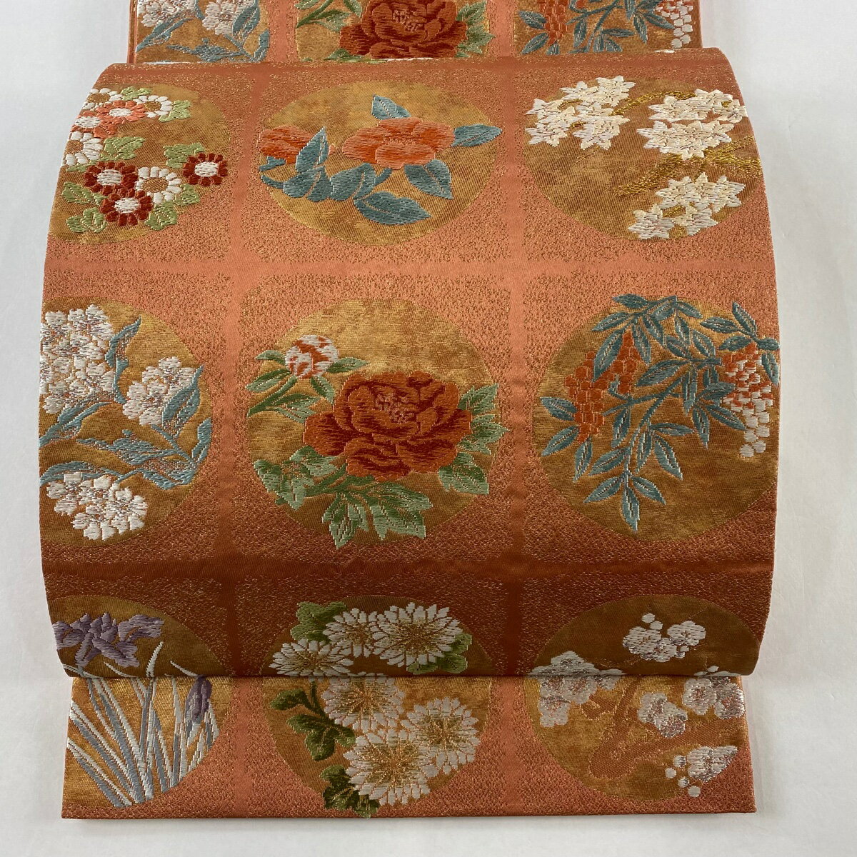 【在庫一掃】 袋帯 美品 逸品 河村織物 落款あり 高山寺書院文 金銀糸 箔 サーモンピンク 六通 正絹 【中古】