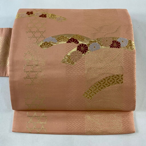 【在庫一掃】 名古屋帯 美品 優品 松竹梅 波 金糸 箔 サーモンピンク 正絹 【中古】 【在庫一掃】 名古屋帯 美品 優品 松竹梅 波 金糸 箔 サーモンピンク 正絹 【中古】