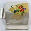 【在庫一掃】 名古屋帯 美品 優品 扇面 椿 刺繍 箔 金色 正絹 【中古】