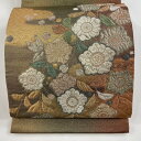【在庫一掃】 袋帯 秀品 辻が花柄 ヱ霞 金糸 箔 茶緑色 お太鼓柄 正絹 【中古】