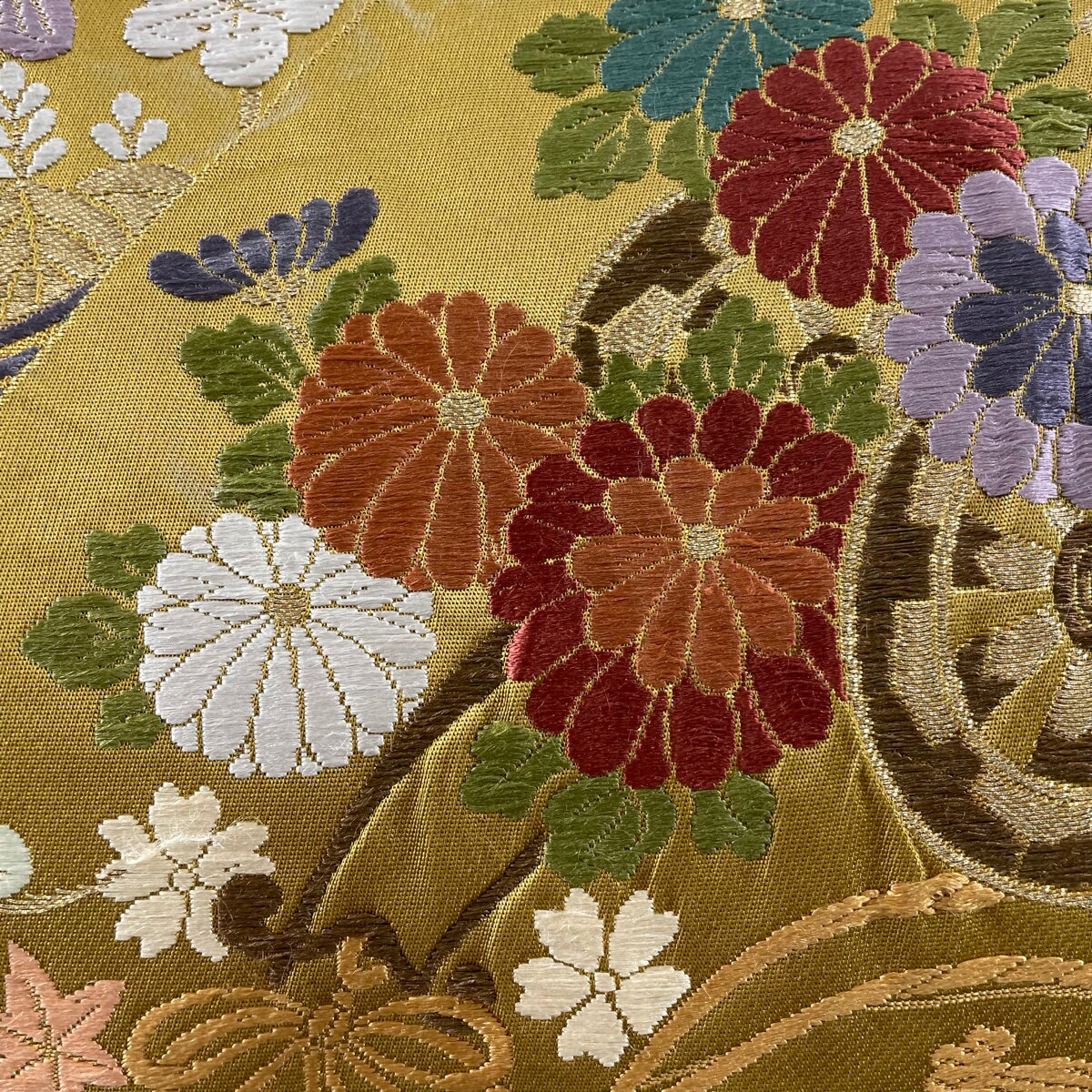 【在庫一掃】 袋帯 秀品 花車 花鳥 金糸 箔 黄土色 六通 正絹 【中古】