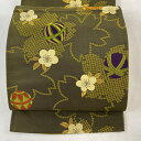 【在庫一掃】 袋帯 名品 桜 手鞠 金糸 茶緑色 六通 正絹 【中古】