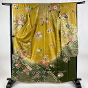 【在庫一掃】 振袖 身丈165cm 裄丈64cm M 袷 菊 波 金糸 金彩 山吹茶色 正絹 名品 【中古】