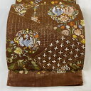 【在庫一掃】 袋帯 逸品 向かい鳥 草花 金糸 刺繍 茶色 六通 正絹 【中古】