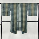 【在庫一掃】 道中着 身丈102.5cm 裄丈69cm L 和装コート 着物衿 縦縞模様 灰緑 正絹 逸品 【中古】